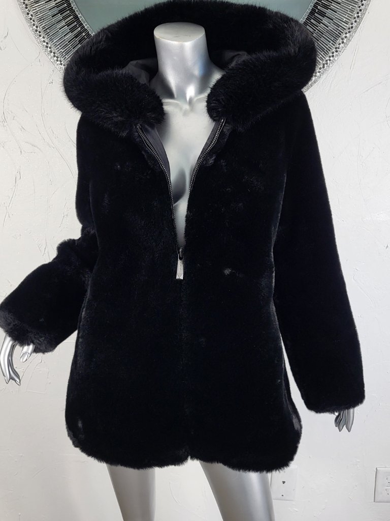 Nwot~$425~Belle Fare~M/L~Premium Black Faux Mink Fox Fur Hooded Parka Coat